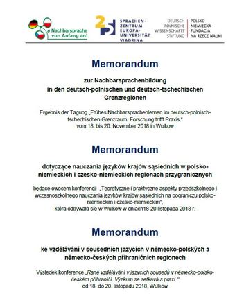 Dokumentbild Memorandum zur Nachbarsprachenbildung in den deutsch-polnischen und deutsch-tschechischen Grenzregionen